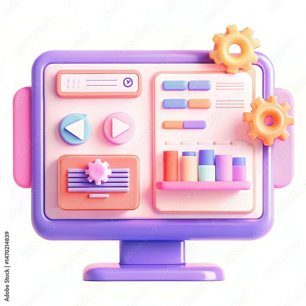 Poster colorful 3d illustration of a modern computer interface with buttons and graphs, showcasing a vibran