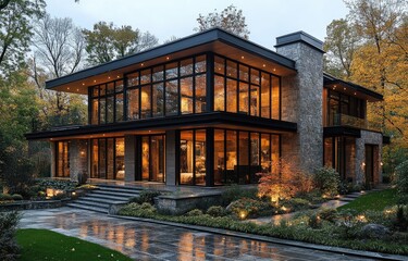 Fototapeta premium Modern, luxurious home nestled amidst autumn foliage. Exterior boasts large windows, dark gray stone accents, and a sleek, contemporary design. Illuminated pathways and landscaping create