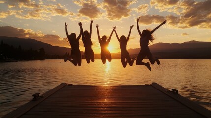 Five friends jump in unison off a wooden pier at sunset, facing toward the horizon.