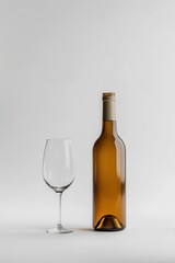 Wine bottle and glass against a plain background