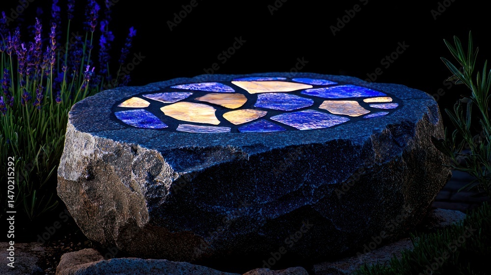 Poster illuminated stone garden feature with mosaic design and surrounding plants