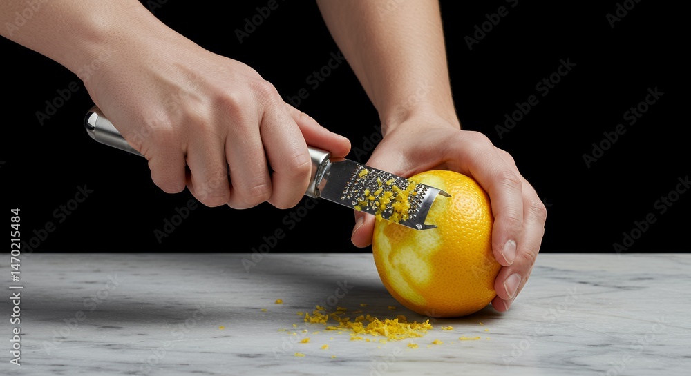 Poster close up of hands zesting a lemon on white marble table with black background in professional studio