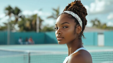 A young woman with long braided hair gazes over her shoulder, wearing a black athletic top.