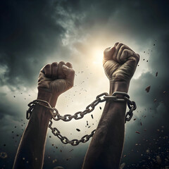 hands breaking chains freedom