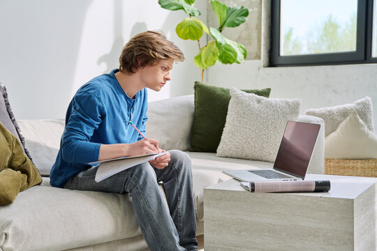 Teenager guy student studying sitting at home on sofa using laptop textbook notebook