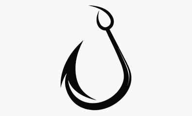fish hook silhouette, fishing gear icon, sharp hook vector, black hook shape, angling equipment graphic, simple hook design
