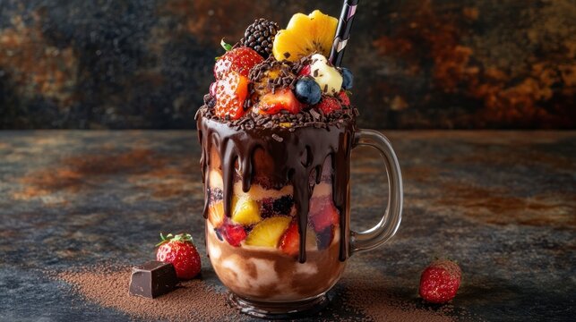 Colorful layered fruit dessert in a glass mug, drizzled with chocolate - Powered by Adobe