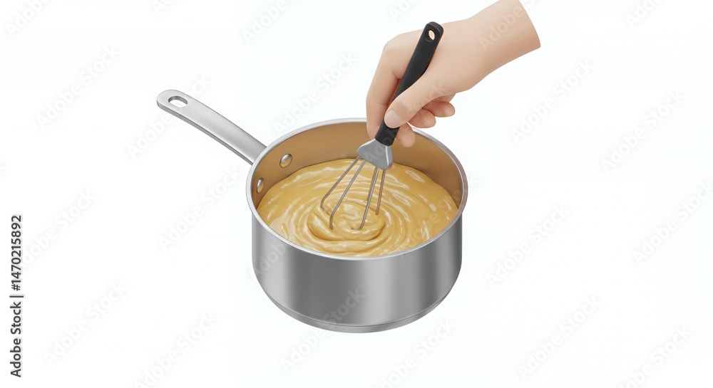 Poster creating golden roux in silver saucepan with whisk isometric 3d render isolated on white for culinar