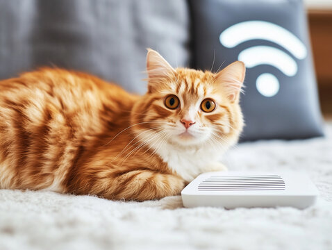 cat and wifi, sitting on a couch