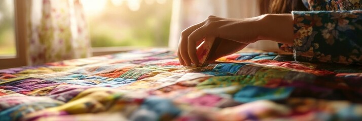 Fototapeta premium A close-up of a sewing machine eedle stitching through fabric, hands working with precision, soft lighting casting gentle shadows,