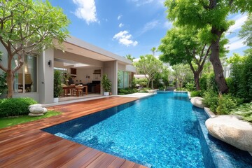 Modern house with open dining area, wooden deck, and a sparkling pool surrounded by lush greenery on a sunny day.