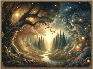 Magical forest with a river and glowing lights