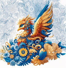 A fantastical firebird among vibrant blue and yellow flowers