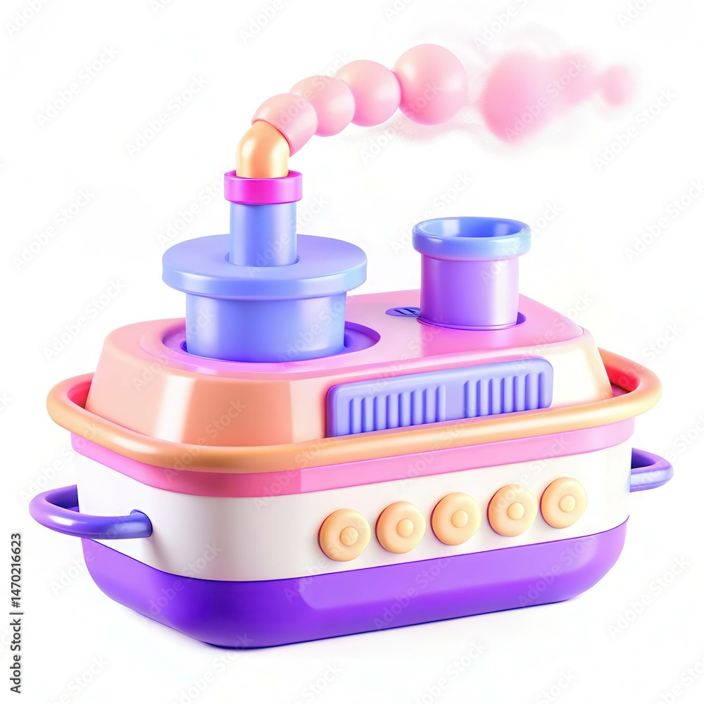 Poster a colorful toy steam engine with pink smoke and a vibrant design showing various elements in a moder