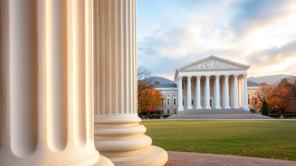 Obraz premium History Legacy Impact Concept, Majestic Historic Courthouse with Grand Columns at Sunset in a Scenic Outdoor Setting
