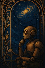 Robot gazing thoughtfully into space through a stained glass window