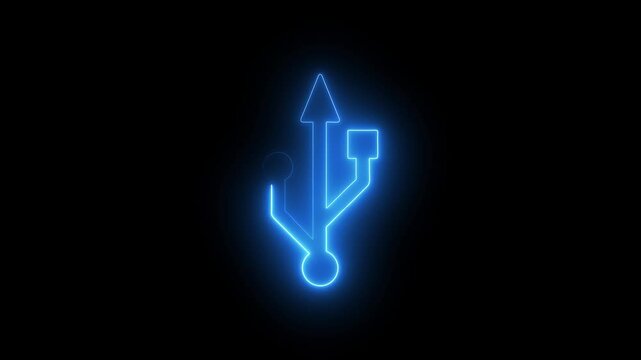 Glowing neon USB cables and adapter port icon animation. computer USB socket data cable symbol. connect external device USB sign.