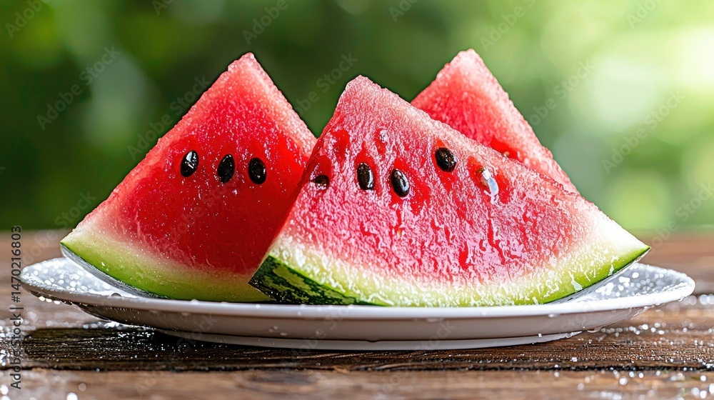 Poster three sliced watermelons arranged on a plate with a blurred background