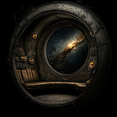 View of galaxy through spaceship porthole