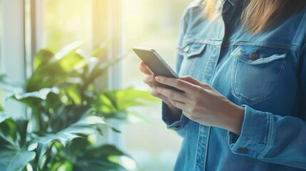 A person wearing a denim shirt is holding a smartphone and smiling while standing near a window in a casual indoor setting.
