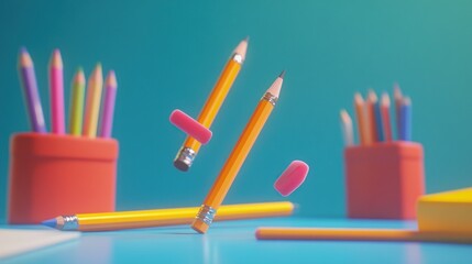 Colorful stationery items in motion, vibrant and playful