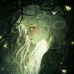 Fairy with white hair in a dark forest surrounded by fireflies