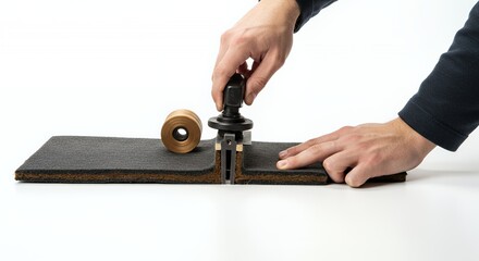 Hands Barding Dark Grey Rough Square Stone Plates Isolated on White Background Under Bright Light Demonstrating Fine Motor Skills