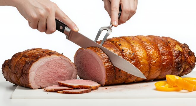 Hands Carving Roasted Beef Meat Roll with Knife and Fork on White Cutting Board Isolated on White Background in Bright Studio Light