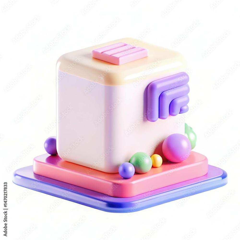 Poster a modern abstract composition featuring colorful geometric shapes, including a cube and various sphe