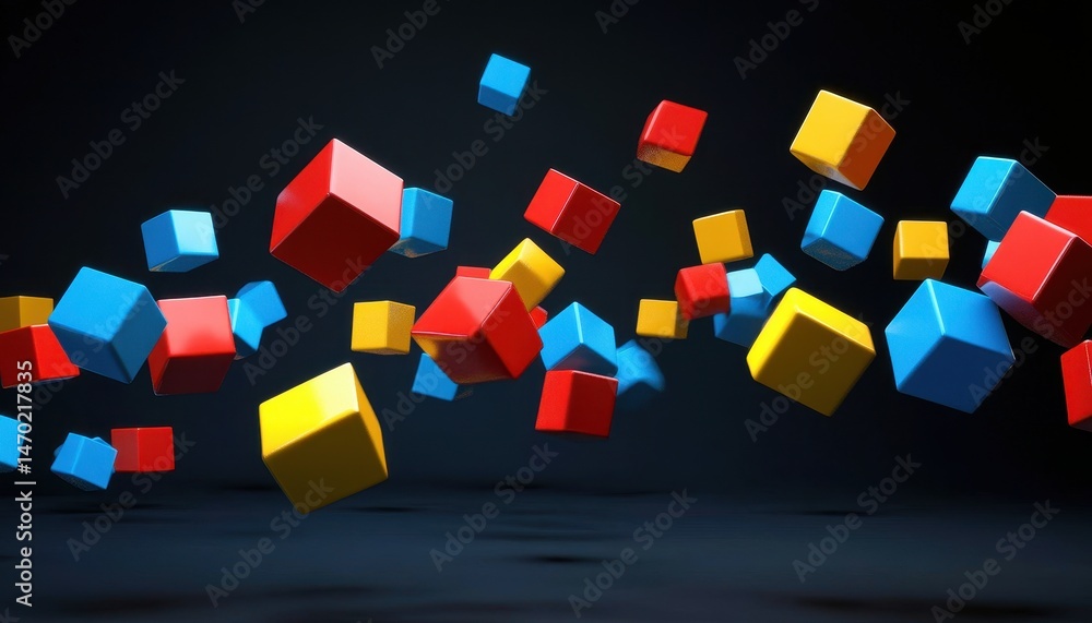 Poster vibrant collection of colorful floating cubes against a dark background creating an abstract and dyn