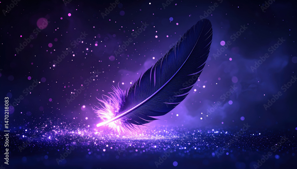 Poster glowing dark plum feather floating upward with sparkling particles in mystical night setting, creati