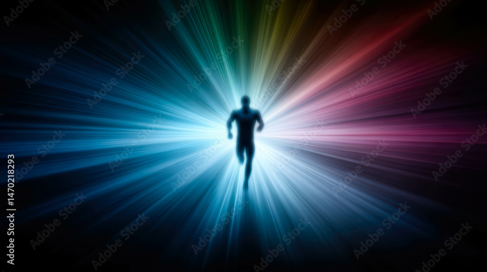 Poster running towards a radiant future with vibrant light beams and abstract colors