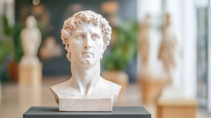 History Legacy Impact Concept, Bust of an Influential Historical Figure in a Museum Hall Surrounded by Statues of Renowned Personalities