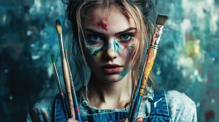 A young woman stands playfully in an art studio, with a paintbrush clenched between her lips and a cheeky pout.