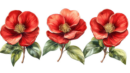 Three Watercolor Red Flowers with Green Leaves PNG transparent background