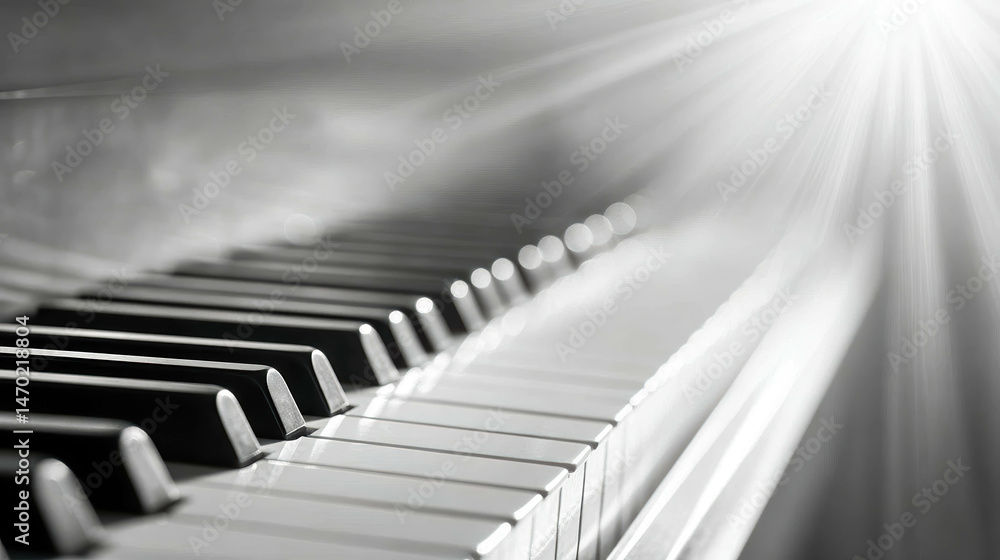 Poster close up view of piano keys illuminated by soft sunlight in a minimalist black and white setting