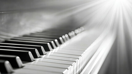 Close up View of Piano Keys Illuminated by Soft Sunlight in a Minimalist Black and White Setting
