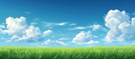 Fototapeta premium Expansive green grassland under clear blue sky with white fluffy clouds.