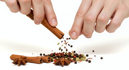Hands Sprinkling Colorful Dried Spices From Cinnamon Stick Brightly Isolated on White Background Showcasing Textures and Vibrant Colors for Culinary Art