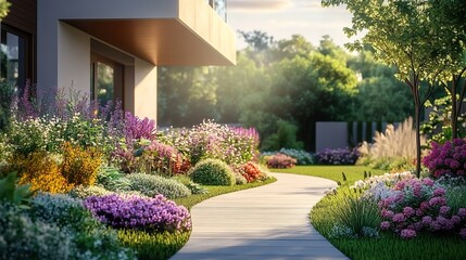 Obraz premium Flower-lined path near modern building corner in sunlit forest setting.