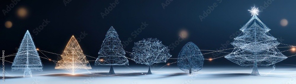 Poster abstract wireframe christmas trees form a connected seasonal background