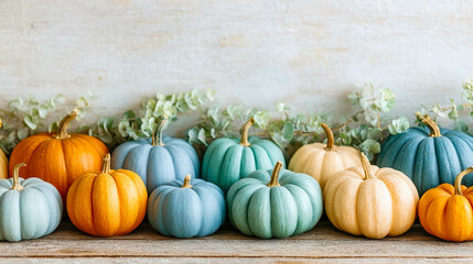 Flat Lay of Colorful Pumpkins and Gourds on a Rustic Table With Greenery Decoration