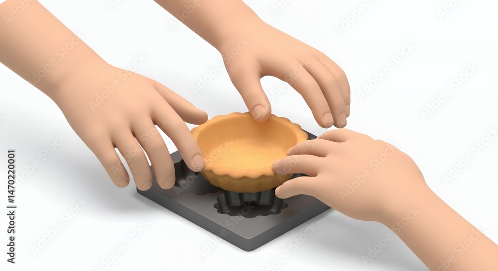 Poster isometric 3d rendering of hands pressing tart shell into grey mold on white background featuring det