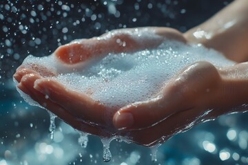 Fototapeta premium Close up presents hands cupped filled with bubbling lather and dripping water.