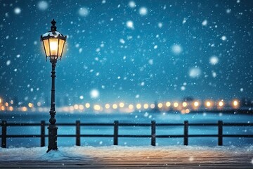 Snowy night, lantern, boardwalk