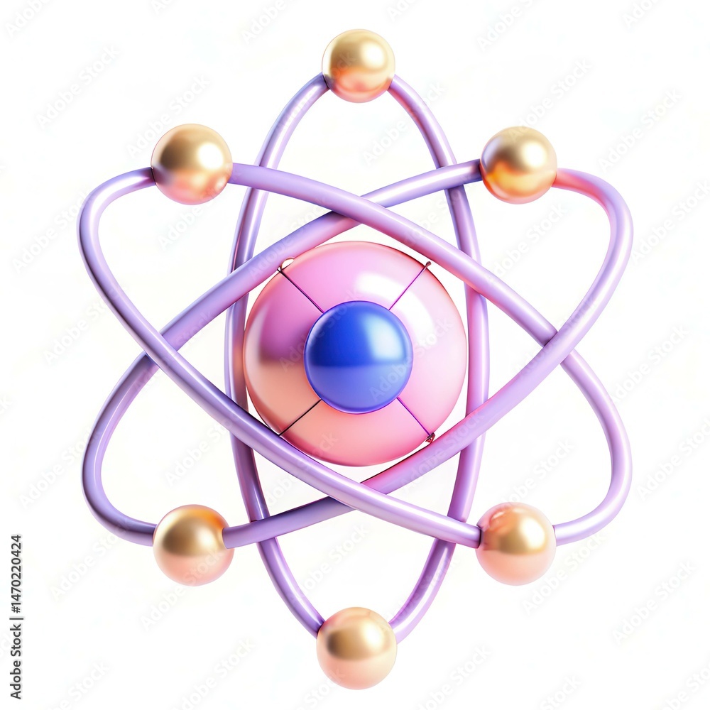 Poster a stylized representation of an atom with colorful electrons orbiting a central nucleus.