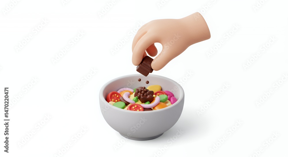 Poster isometric 3d rendering of salad bowl topped with chocolate on white background
