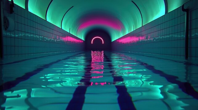 A long and illuminated swimming pool with neon colored lights