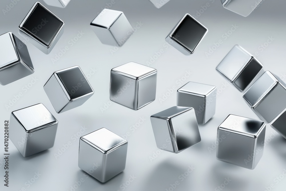 Poster floating metallic cubes against a light background creating a dynamic and modern composition. the re