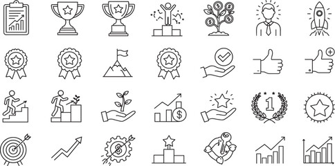 Success, award, growth, win, thumbs up editable stroke outline icons set isolated on white background flat vector illustration